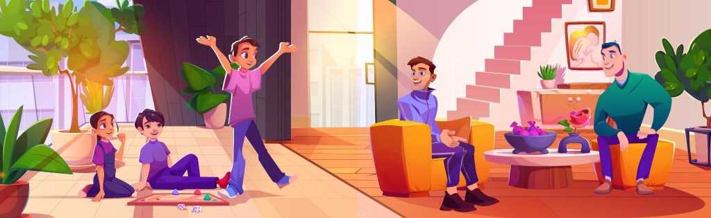 Kid plays a  game in the home living room, cartoon vector